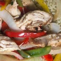 Chicken Fajitas · Served with sizzling peppers & onions, flour tortillas served with rice