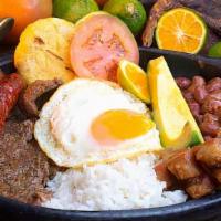  Bandeja Paisa · Beef, Sausage, Pork Rind, Egg, Rice, Beans, Arepa/Sweet Plantain