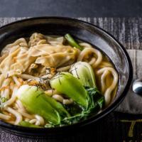 Mini Wonton Noodle Soup · Homemade mini pork wontons with udon noodles & vegetables