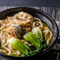 Shrimp Dumpling Noodle Soup · Homemade shrimp dumplings with udon noodles & veghetables