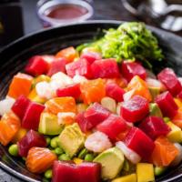 Toa Special Bowl · Salmon, tuna, shrimp, white tuna, seaweed salad, mango, onion crisps, edamame, avocado.  wit...