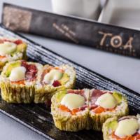 Huntington Roll · Inside:Tuna, salmon, yellowtail & avocado . Outside: Wrapped with konbo nori with wasabi mayo