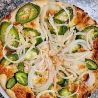 Jalapeno + Onion · Spicy Hot Peppers, Onions and Shredded Cheese with our famous Singas Pizza Sauce.