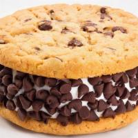 Chippy Chip Sandwich · Vanilla flavored ice cream between two chocolate chip cookies rolled in chocolate chips