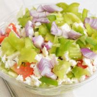 Greek Salad · Lettuce, tomato, onions, peppers, Kalamata, olive, feta cheese, vinegar and oil dressing.