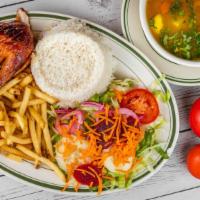 Bandeja Con Pollo Al Carbon · Rotisserie chicken platter with 1/4 chicken, consomme, rice, french fries, and salad. Served...