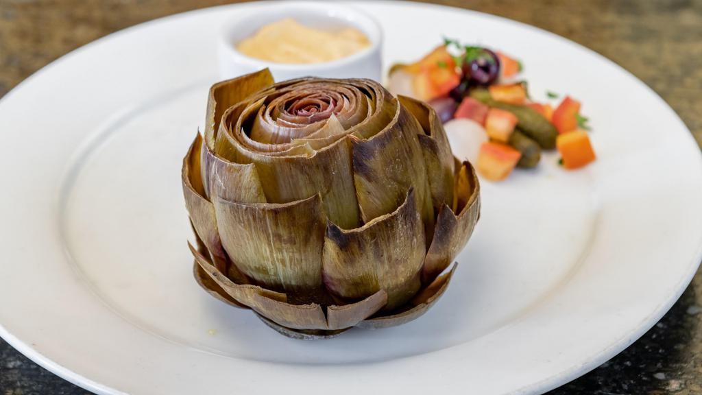 Steamed Whole Artichoke · Served with garlic aioli, cornichons, pearl onions & olives