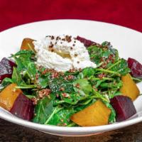 Organic Baby Kale Salad · with fresh ricotta, roasted beets, red quinoa & toasted almonds