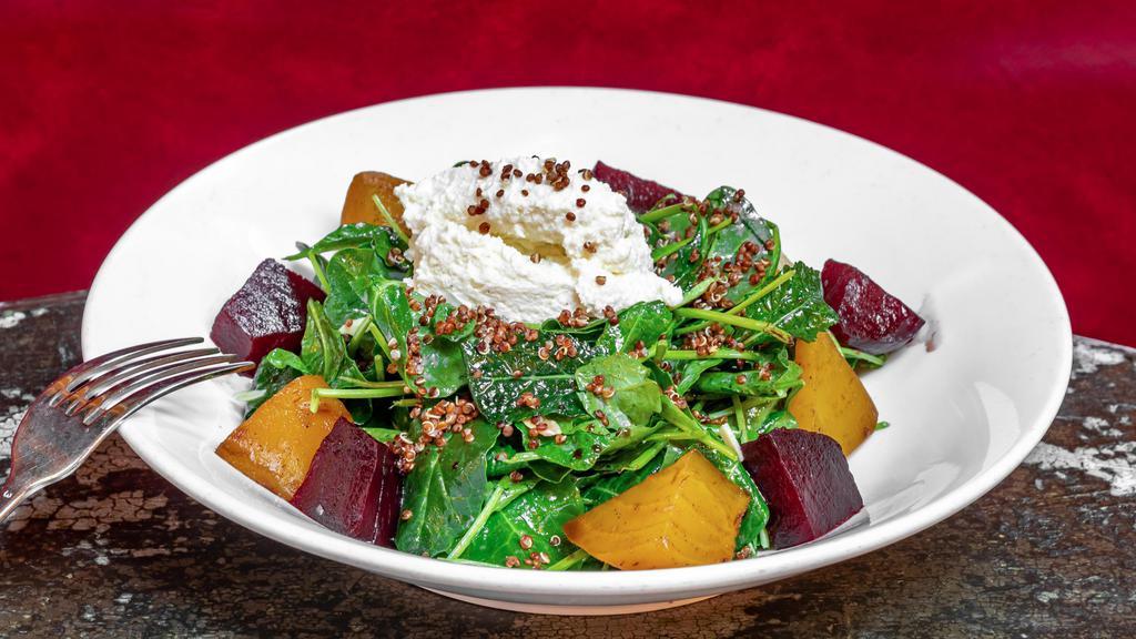 Organic Baby Kale Salad · with fresh ricotta, roasted beets, red quinoa & toasted almonds