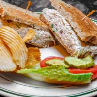 Tuna Salad Sandwich · On whole grain bread with house made Moroccan chips, lettuce, tomato & pickles.