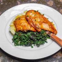 Half Roasted Amish Chicken · Served with mashed potatoes, sauteed spinach & roasted garlic sauce