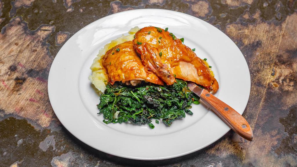 Half Roasted Amish Chicken · Served with mashed potatoes, sauteed spinach & roasted garlic sauce