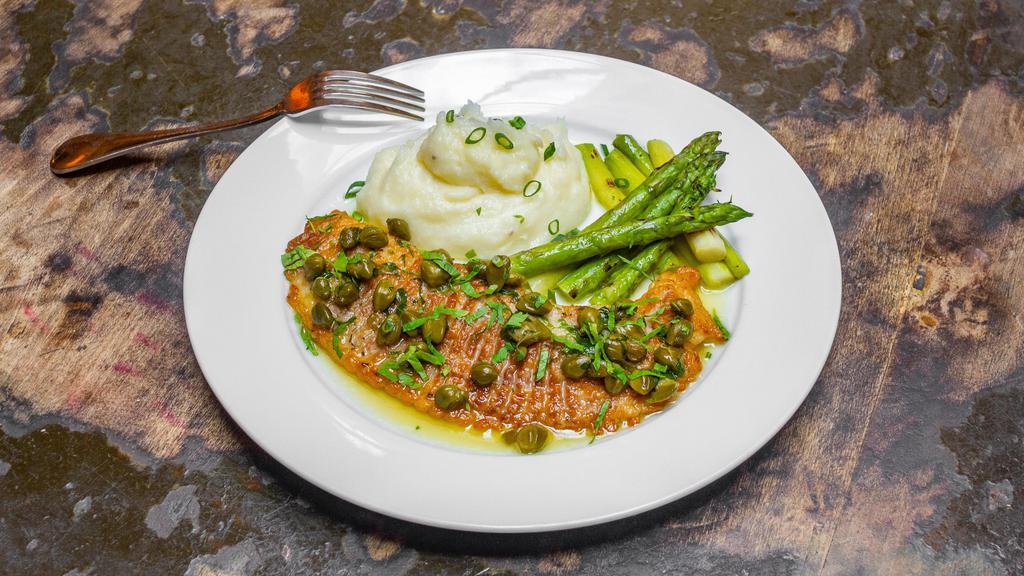 Sauteed Skate Fish · Served with mashed potatoes, asparagus & caper sauce