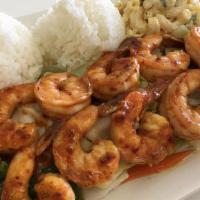 Hawaiian Shrimp Lunch  · Hawaiian Style Hibachi,
served with 3 sides (broccoli,macaroni salad & white rice with hawai...