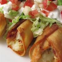 Flautas - 3 Pieces · Fried rolled up tortillas stuffed with chicken and cheese. Side of black beans, pico de gall...