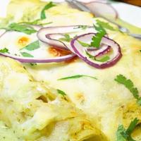 Enchiladas Suizas Verdes · 3 soft corn tortillas rolled and filled with choice of protein and cheese. Topped with hot m...