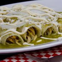 Enchiladas Verdes · 3 soft corn tortillas rolled and filled with choice of protein and cheese. Topped with green...