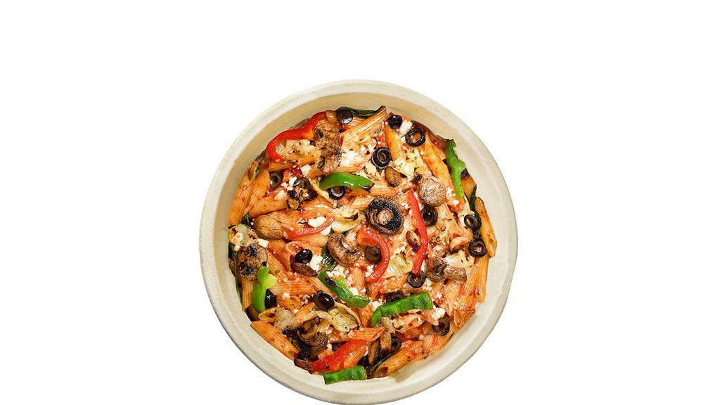 Wicked Voo Doo · Fettuccine  + Spicy Red Sauce +  Feta Cheese + Roasted Bell Peppers + Roasted Artichoke + Fresh Basil + Black Olives + Roasted Garlic