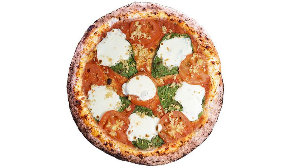 Queen Margherita · Red Sauce + Ovalini Cheese + Fresh Basil + Sliced Tomatoes + Roasted Garlic