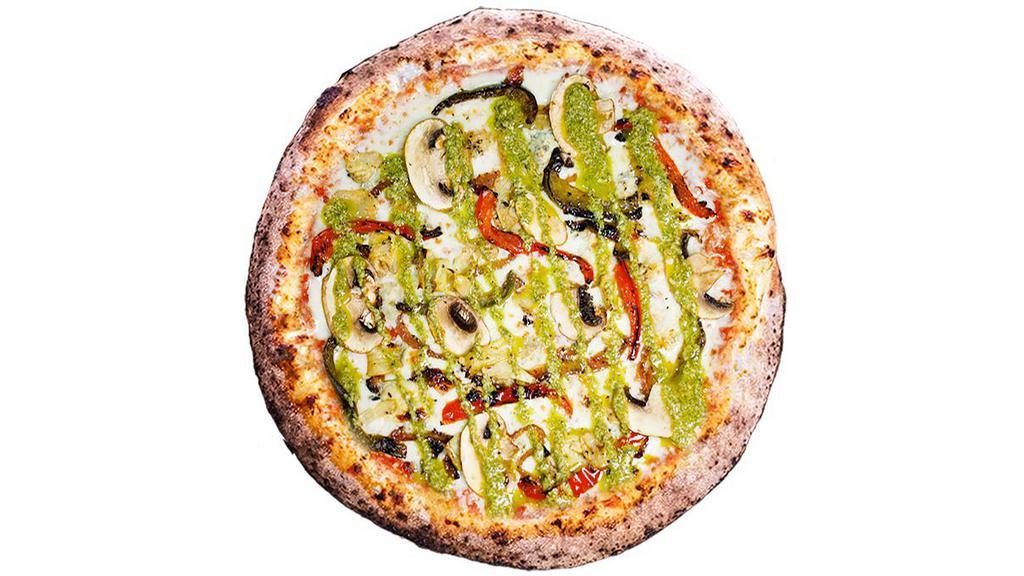 Bad Hunter Pizza · Red Sauce + Mozzarella + Gorgonzola + Caramelized Onion + Roasted Artichoke + Roasted Bell peppers + Mushrooms + Basil Pesto Drizzle