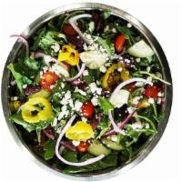 Greek · Romaine Lettuce + Spring Mix + Cherry Tomatoes + Red Onions + Cucumbers + Banana Peppers + O...