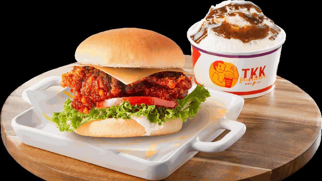 Spicy Chicken Sandwich (C) · 1 Chicken Sandwich, 1 Side Dish

Get your chicken sandwich game on. What side dish will you pair it with? Shishito peppers? Mashed potatoes? Go for the Deluxe if you want cheese, lettuce, and tomatoes!