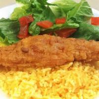 Rice Bowl · 10 oz yellow rice with 1 pc crispy or grilled chicken and house salad.