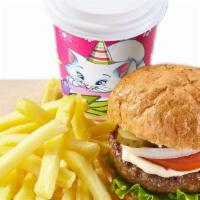 3 Oz Burger Meal · Three oz burger meal with fries and kid's freestyle drink.