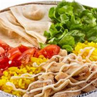 Chicken Platter · Protein, rice or fries, salad, pita sauce (white and hot sauce).