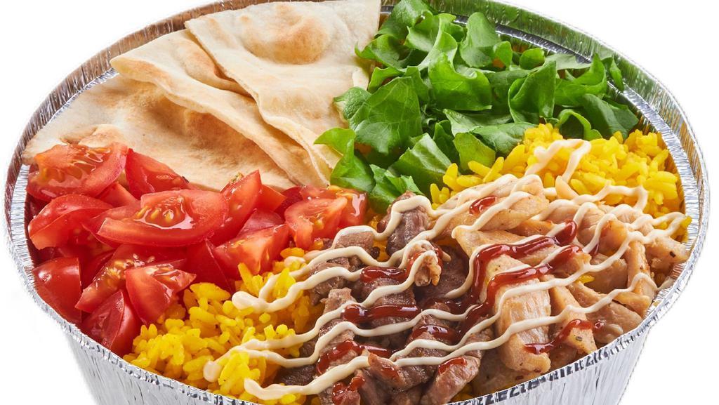 Beef Gyro Platter · Protein, rice or fries, salad, pita sauce (white and hot sauce).