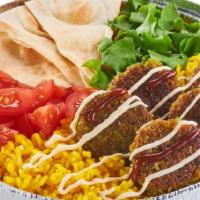 Falafel Platter · Protein, rice or fries, salad, pita sauce (white and hot sauce).