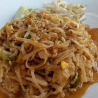 Pad Thai · With rice noodles, egg, radish bean
sprout and scallion contains peanuts