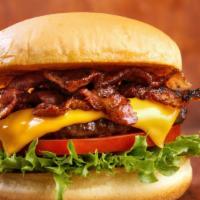 Bacon And  Cheese Burger · Lettuce, tomato, pickles, red onion, cool mayo, American cheese and thick applewood bacon.