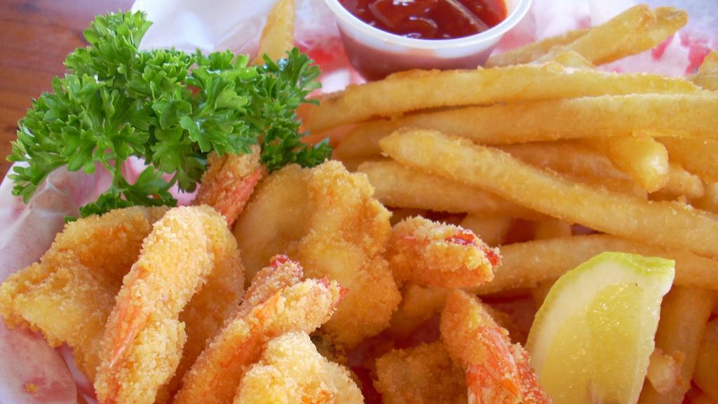Fried Shrimp Basket (10) · Our most popular fried menu item! Ten pieces of shrimp deep fried with a side of fries