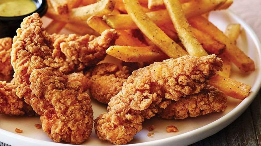 Chicken Tender Basket (4) · 4 pieces of chicken tenders deep fried with a side of your choice of fries