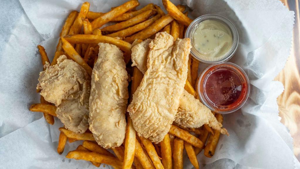 Fried Tilapia Basket (4) · 4 pieces of tilapia deep fried with a side of your choice of fries