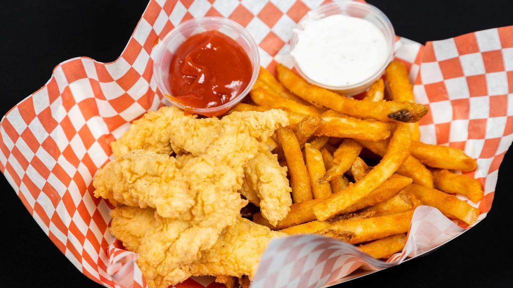 Chicken Tender Basket · Four pieces chicken tender  comes with cajun fries or french fries or sweet potato fries or $1 extra for onion rings.