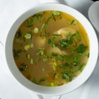 Wonton Soup · (3) Shrimp & pork OR vegetable wontons, scallions, and cilantro.