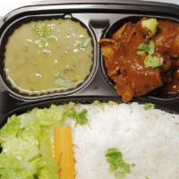 Chicken Curry Platter · Serves with chicken curry, rice, lentils and some salad.
