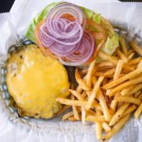 Cheeseburger · Served with lettuce, tomato, onions, mayo and french fries. Cooked medium well.