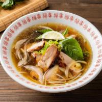 Chicken Pho Noodle Soup · Grilled chicken. Served with chicken broth soup, onion, scallion, lemon, basil, and bean spr...