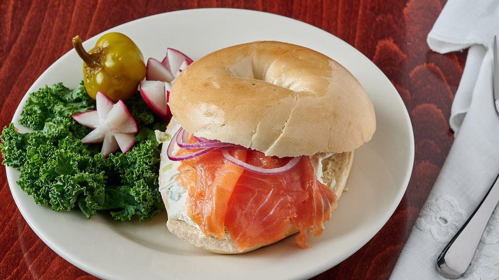 Nova Lox & Cream Cheese Sandwich · Nova (smoked salmon from Brooklyn)  Freshly sliced.   ** picture shown is nova & cream cheese sandwich,   please select it on bagels with spreads section **