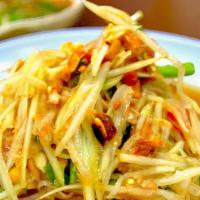 Som Tam Papaya Salad · Shredded Papaya with Spicy Tangy Lime Dressing, Cherry Tomatoes, Long Beans and Ground Peanu...