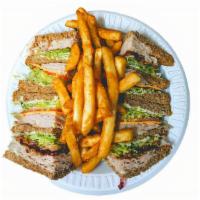 Turkey Club Sandwich · All clubs come with yellow cheese, crispy pork bacon, lettuce, tomatoes, mayo, and french fr...