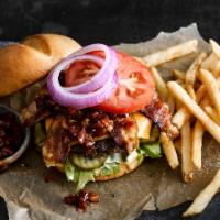 Hickory Bourbon Bacon Burger · New. Cheddar cheese, applewood smoked bacon, hickory bourbon bacon sauce, and RT burger sauc...