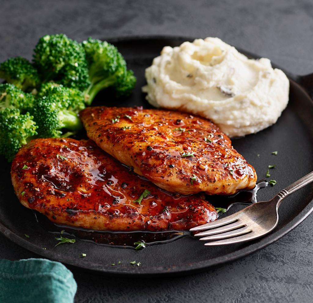 Hickory Bourbon Chicken · We recommend these flavorful favorites any day. Tender grilled chicken breasts topped with our signature hickory bourbon glaze. Served with two sides. 500 cal.
