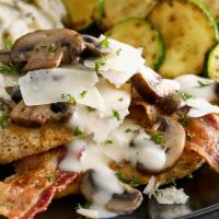 Asiago Bacon Chicken · Grilled chicken breast with baby ‘bella mushrooms, bacon, Parmesan cream sauce, and Asiago c...