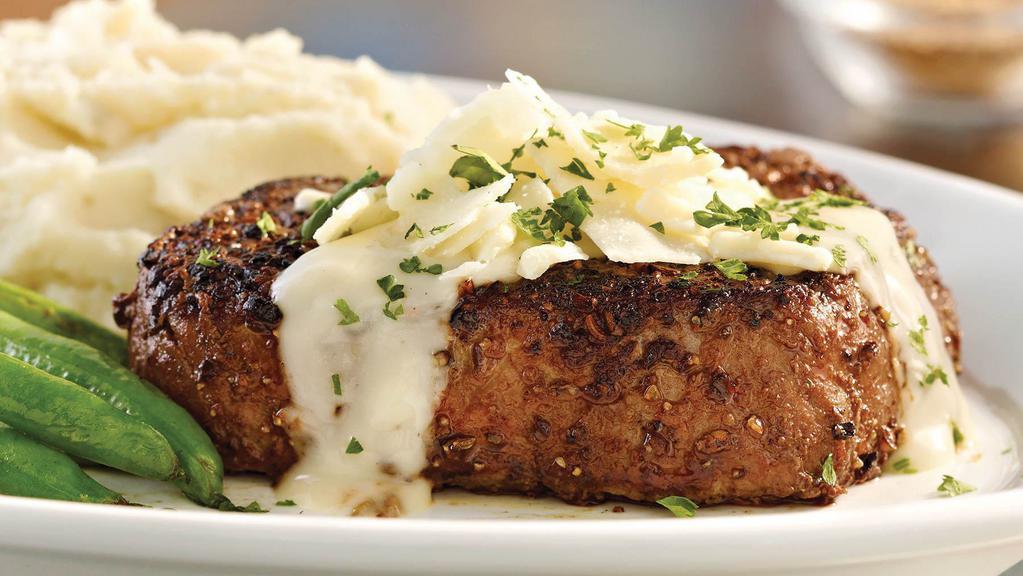 Asiago Peppercorn Sirloin · Top sirloin with Parmesan cream sauce and shaved Asiago cheese. Served with your choice of two sides. 6 oz. (320 cal.); 8 oz. (370 cal.).
