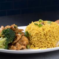 Chicken Broccoli Dinner / 晚芥兰鸡 · Most popular. Served with pork or chicken fried rice or white rice or brown rice with pork e...