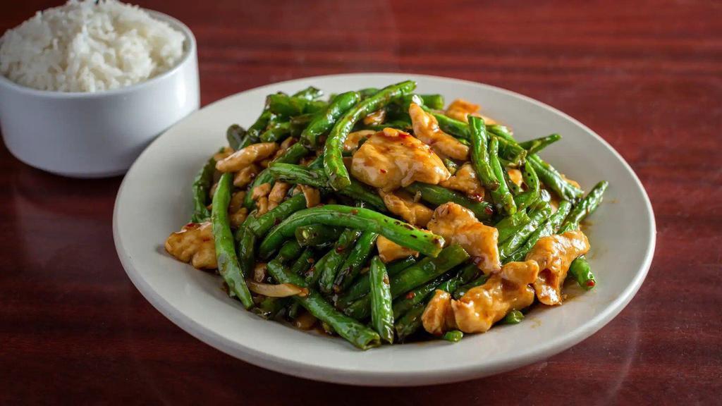 Chicken With String Bean / 四季豆鸡 · With white rice.
